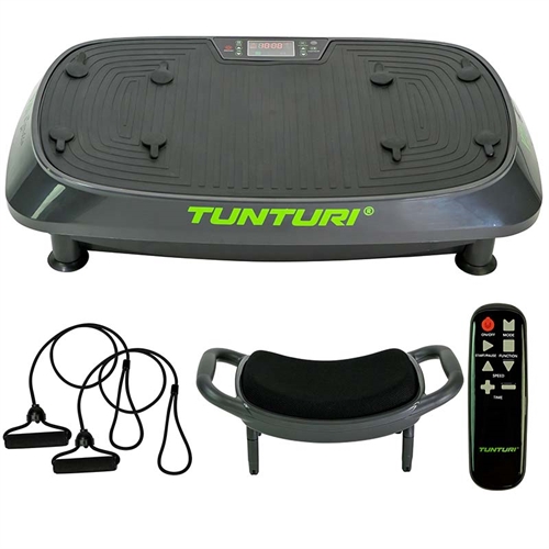 dette er enTunturi V20 Vibrationstræner med tilhørende udstyr, i farven sort, med grønne detaljer.